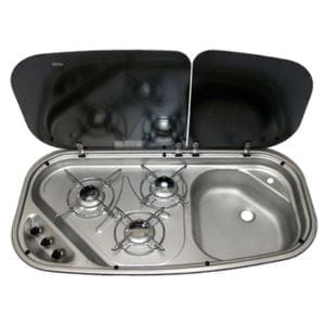 Three-burner gas cooktop with integrated sink