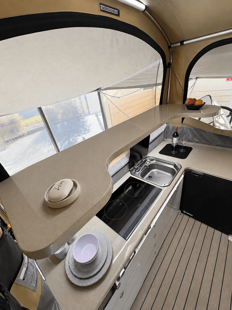 Galley shelf and kitchen overview with dimmable yellow and white light